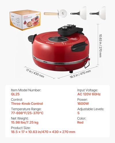 Red 14-Inch Electric Pizza Oven - Large Countertop Pizza Maker with 1600W & Adjustable Temperature
