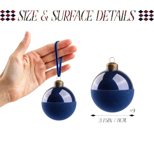 DN Deconation Blue 9-Piece Glass Christmas Ornament Set with Velvet Flock, Vintage Bronze Caps