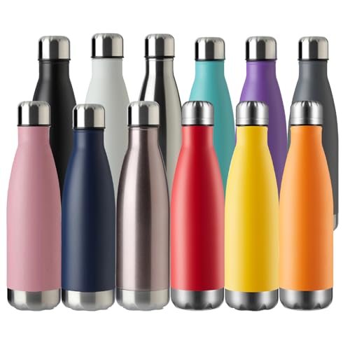 MEWAY 17oz Colorful Sport Water Bottle 12 Pack Vacuum Insulated Stainless Steel, Leak-Proof Double Wall Cola Shape, Keeps Hot & Cold