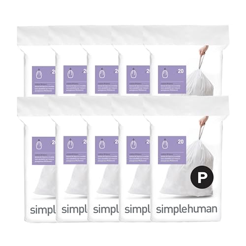 simplehuman Code P Custom Fit Trash Liners 200 Pack - Extra Thick, Drawstring, 50-60L, 50% PCR Plastic
