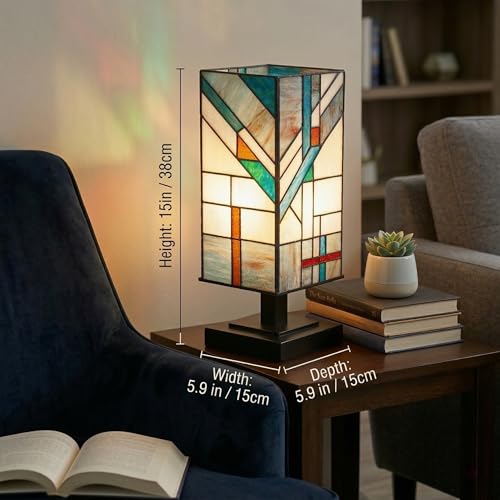 Small Tiffany Style Stained Glass Table Lamp - Handmade Blue-Cream-Turquoise, 15" High