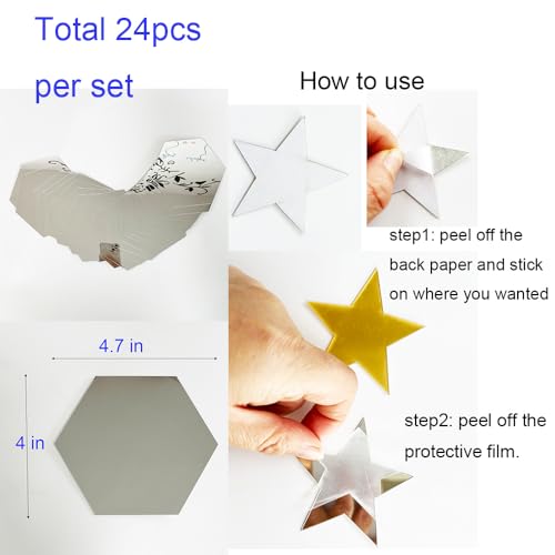 24pcs Silver Hexagon Mirror Acrylic Wall Stickers with Adhesive Art Decal Satin Paper Baby Kids Bedroom Home DIY Decor Removable Stickers (Hexagon Silver)
