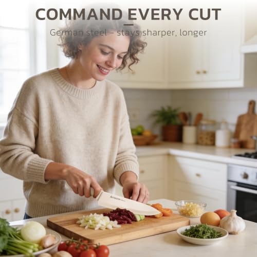 15-Piece Kitchen Knife Set with Sharpener Block - German Stainless Steel, Anti-Rust, Dishwasher Safe, Elegant Cream White