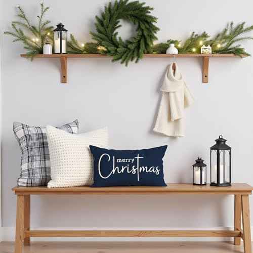 PANDICORN Christmas Pillow Covers 12x20 Inch, Navy Blue Christmas Decorations, Merry Xmas Lumbar Decorative Cushion Case, Elegant Winter Decor for Living Room Sofa or Couch