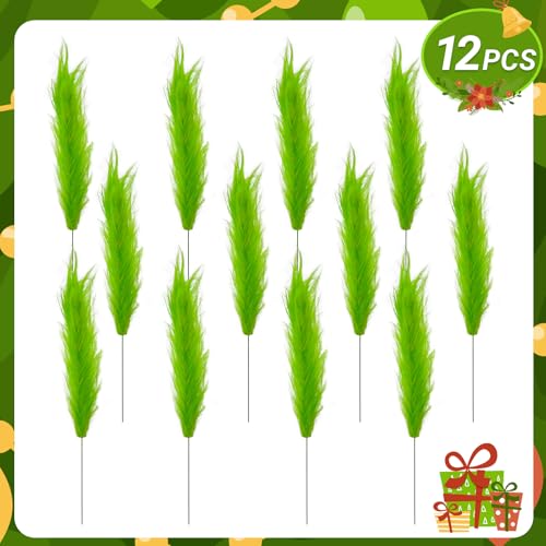 Bosctanuc 12 Pcs Green 14in Furry Pampas Grass Picks Christmas Tree Toppers & Vase Fillers - Lime Green Yuletide Decor (Variant 12)