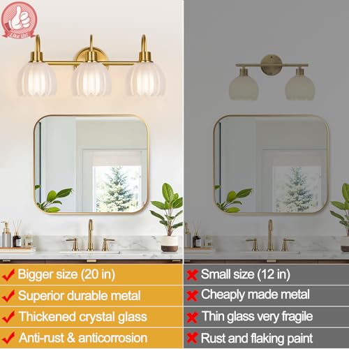 Meybiok 3-Light Brushed Gold Vanity Light Fixture with Frosted Tulip Glass Shades - Over Mirror Bathroom Lighting, Dimmable, Modern Home Decor