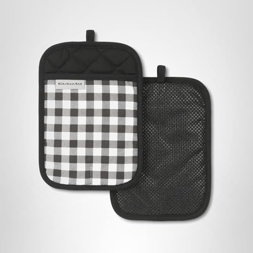 KITCHENAID Gingham Pot Holder 2-Pack Set, Matte Black, 7"x10"