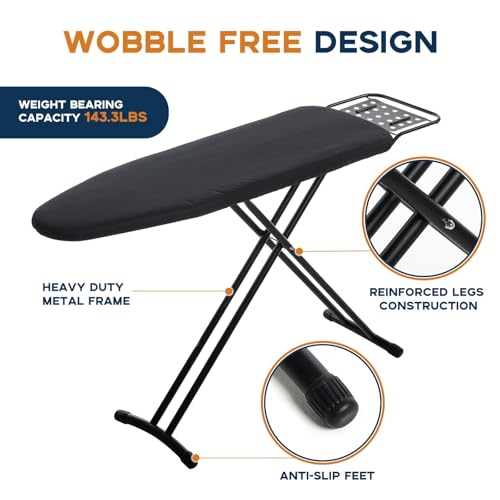 RAINHOL Black Full Size Adjustable Ironing Board 54x13 inches with Steel Frame and Cotton Cover