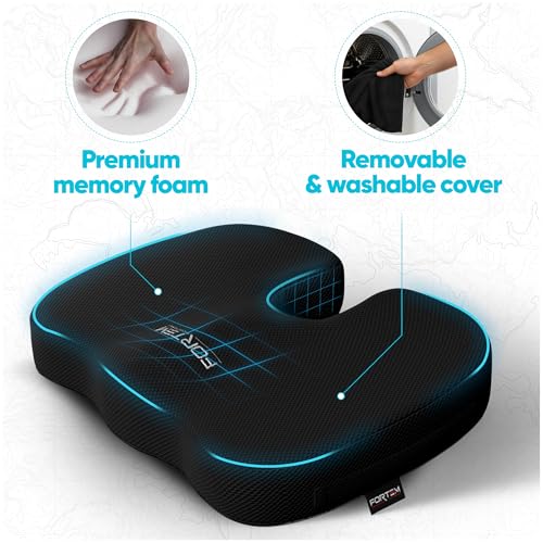 FORTEM Large Black Seat Cushion & Lumbar Support for Office Chair, Car, Wheelchair - Ergonomic Memory Foam