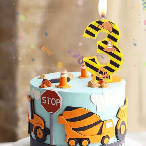 Construction Theme Birthday Candle, Construction Birthday Cake Toppers for Boys, Number 3 Candle, Yellow Black Stripes Birthday Candle for Themed Birthday Party Decoration Supplies Favors Gifts