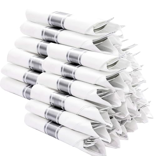 120 Pack Disposable Silver Plastic Silverware with Napkins - Heavy Duty & Elegant Design