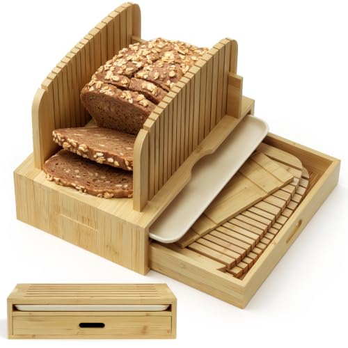 Bamboo Bread Slicer with Adjustable Width Guides - Compact Loaf Cutter for Perfect Home Baked Bread