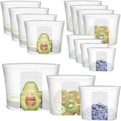 Reusable Silicone Food Storage Bags Set - Translucent 12 Pack (M+S+XS)