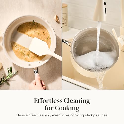 Mini Ceramic Cookware Set with 8-Inch Frying Pan & 2.5QT Saucepan - Beige, 3-Piece