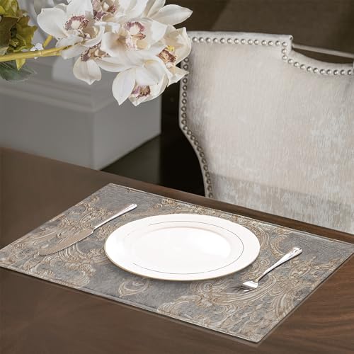 Loom and Mill Luxury Damask Placemats Set of 4 - Gray/Beige Pattern, Double Layer