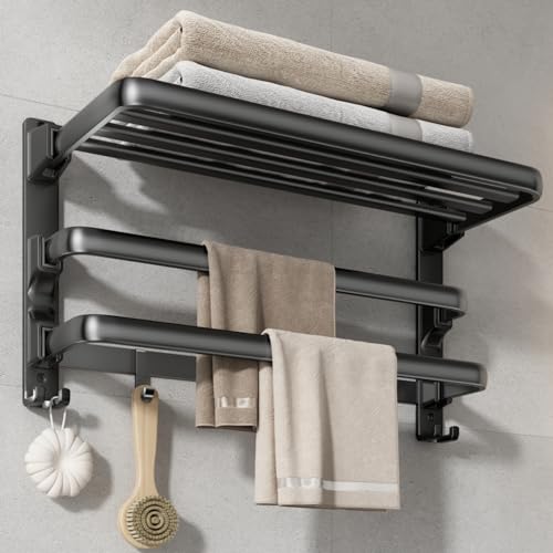 VOLDRA 24-Inch Matte Black Wall-Mounted Towel Rack with 2 Foldable Bars & Hooks