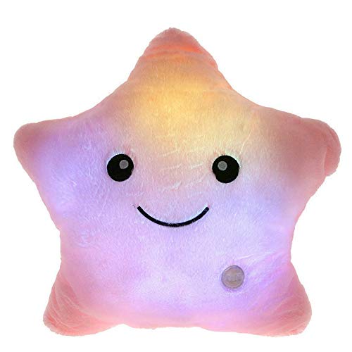 Creative Twinkle Glowing Stars Shape Plush Throw Pillow, LED Night Light Pillow Cushions Stuffed Toys Gifts for Kids, Christmas (Pink)