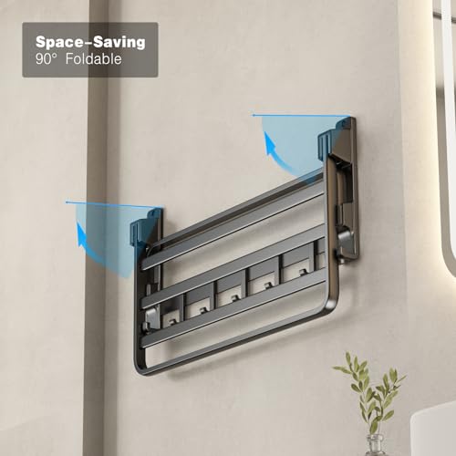 VOLDRA Matte Black 24-Inch Wall-Mounted Towel Rack with Foldable Towel Bar and 7 Hooks