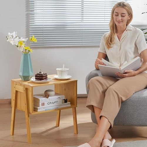 Pipishell Natural Bamboo Nightstands Set of 2 - Stackable Bedside Tables with Storage Shelf for Small Spaces