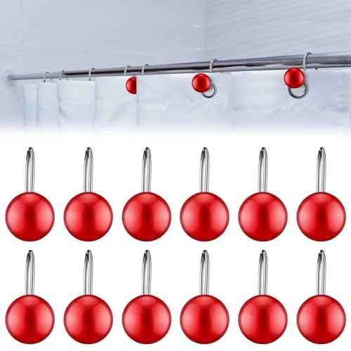 12 Pcs Christmas Ball Shower Curtain Hooks Ball Ornament Shower Christmas Curtain Rings Holiday Hooks Decorative Holiday Bathroom Accessories for Winter Bathroom Decoration(Red)