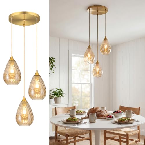 3-Light Pendant Lighting Fixture for Dining Room Modern Amber Glass Chandelier