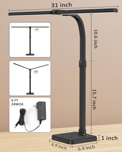 Black Double-Head LED Desk Lamp for Home Office & Study - 24W Architect Light with Adjustable Gooseneck