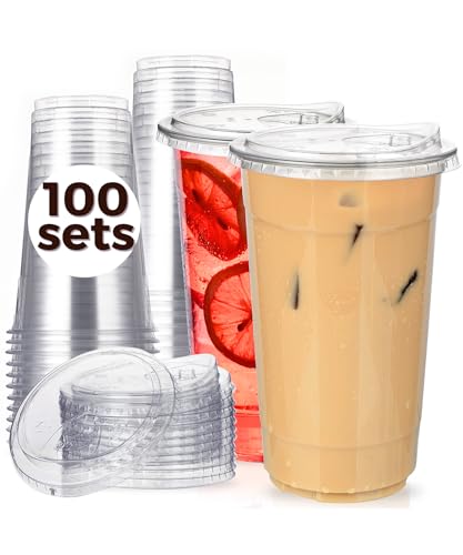Aatriet 32 oz Clear Plastic Cups with Strawless Sip Lids - 100 Pack, Disposable To-Go Cups for Cold Drinks & Smoothies