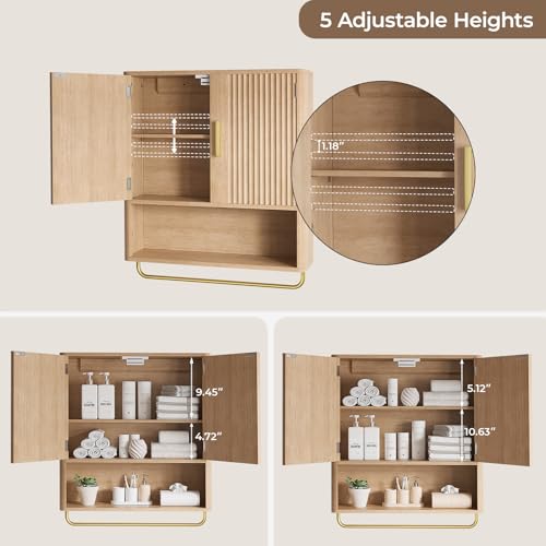 Memobarco Natural Oak Bathroom Wall Cabinet with Fluted Door & Adjustable Shelf