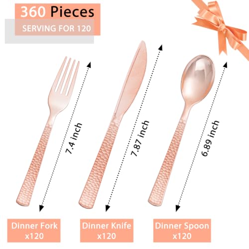 360PCS Rose Gold Plastic Silverware Set - Heavy Duty Disposable Cutlery (120 forks, 120 knives, 120 spoons) - Spherical Hammered Handle - Sku: 360PCS / Plastic Rose Gold Silverware