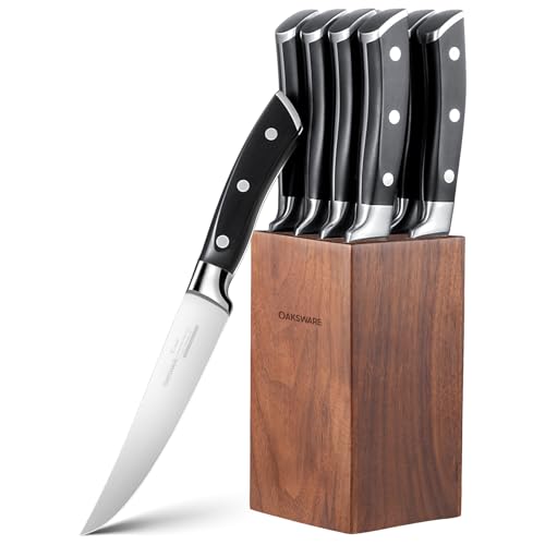OAKSWARE Walnut Block Set of 8 Non-Serrated Steak Knives, 5-Inch High-Carbon Steel
