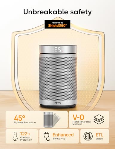 DREO Silver 10-Inch Portable Electric Space Heater with Remote, 1500W Safe Indoor Heating