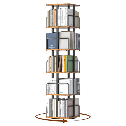 5-Tier Rotating Bookcase - Rustic Brown Corner Spinning Shelving Unit with Metal Guardrails