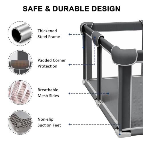 Grey 50x50 Inch Foldable Baby Playpen with Mesh Walls & Mat - Portable Indoor & Outdoor Safety Fence