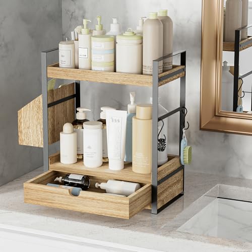 Aollewoiti Light Brown 2-Tier Bathroom Counter Organizer with Drawer & Basket