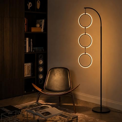 Black 3-Ring Modern Floor Lamp - Tall Arc Standing Light for Living Room Decor