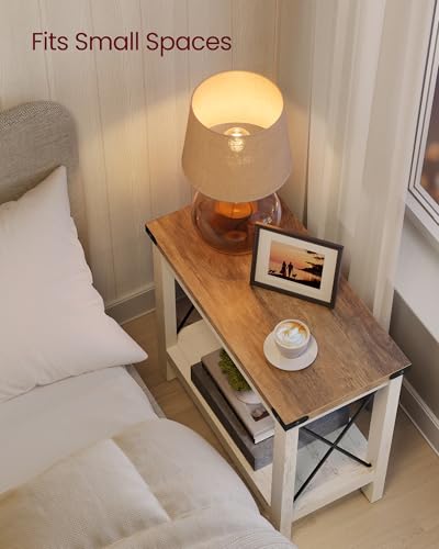 Rustic White and Honey Brown 2-Tier End Table with Shelf - Small Accent Nightstand