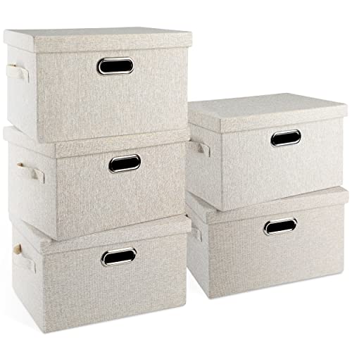 Beige Storage Bins with Lids - 5 Pack Fabric Closet Organizer Cubes