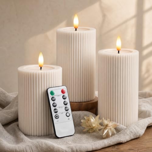 Cream Beige Fluted LED Pillar Candles Set of 3 - Flameless Dimmable Remote