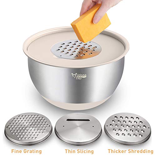Wildone Stainless Steel Mixing Bowls Set with Airtight Lids Non-Slip Bottom Khaki 5PCS