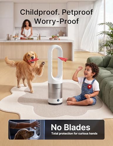 Senmeo 22-Inch Bladeless Tower Fan with Remote Control, 8 Speeds, 9-Hour Timer - White + Silver