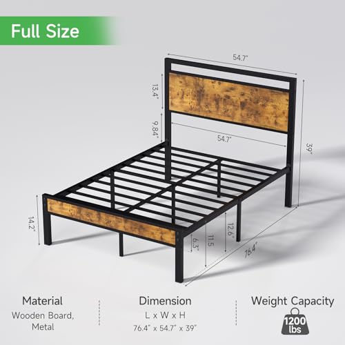 Z-hom Upgraded Full Size Bed Frame with Wooden Headboard & Footboard - Vintage Brown