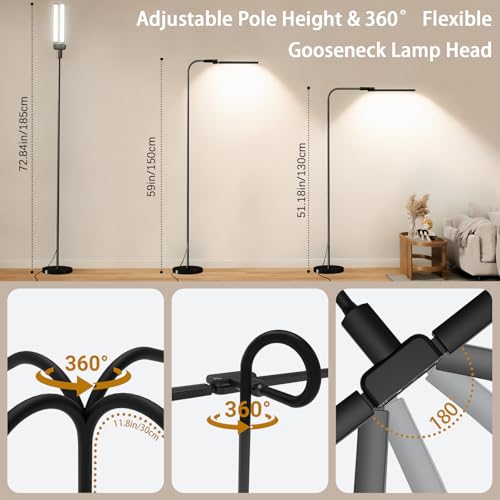Black Dual-Head Dimmable LED Floor Lamp with Remote & Touch Control - Adjustable Gooseneck, Eye-Caring Tall Lamp for Living Room, Bedroom & Office