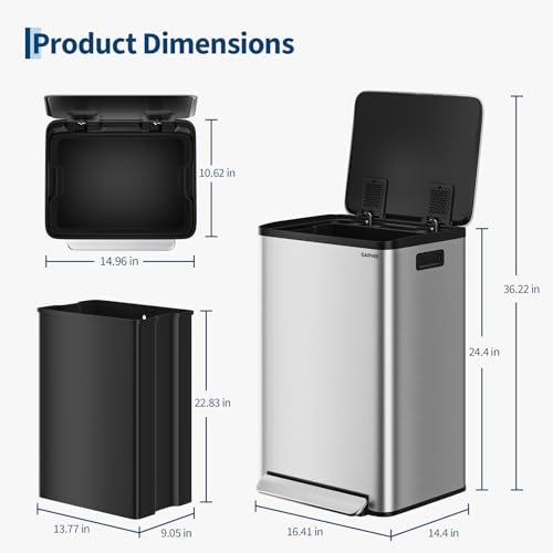 Garvee Silver 13 Gallon Stainless Steel Trash Can with Removable Inner Bucket & Soft Close Lid