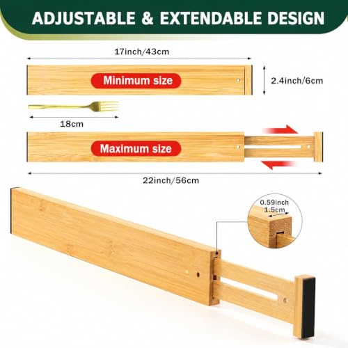 Bamboo Drawer Dividers 6 Pack Adjustable Organizer for Kitchen & Office