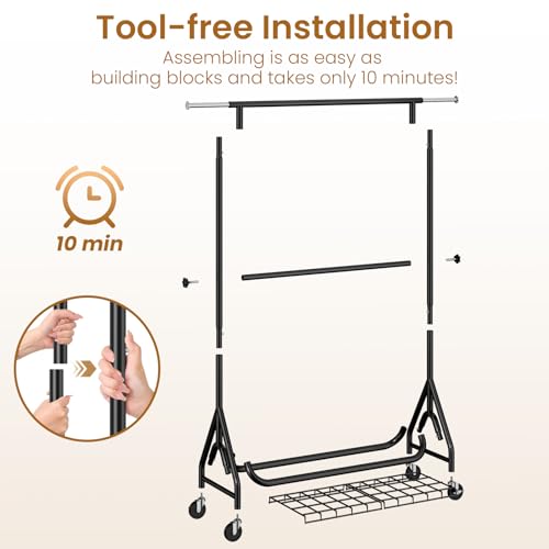 Heavy Duty Clothes Rack with Double Rods & Lockable Wheels - Black, 78-Inch