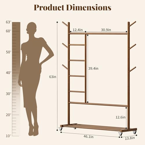 Yoobure Walnut Solid Wood 4-in-1 Clothes Rack with Wheels & Storage