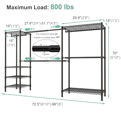 Black SEMHOR E01 Heavy Duty Expandable Clothes Rack, Freestanding Wardrobe System