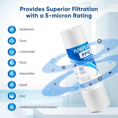 PUREPLUS 5 Micron 10x2.5 Inch Whole House Sediment Water Filter Cartridge - Pack of 6