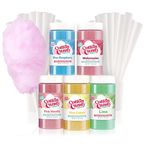 Cotton Candy Floss Sugar Variety Pack with 5 Flavors & Cones – 11oz Jars