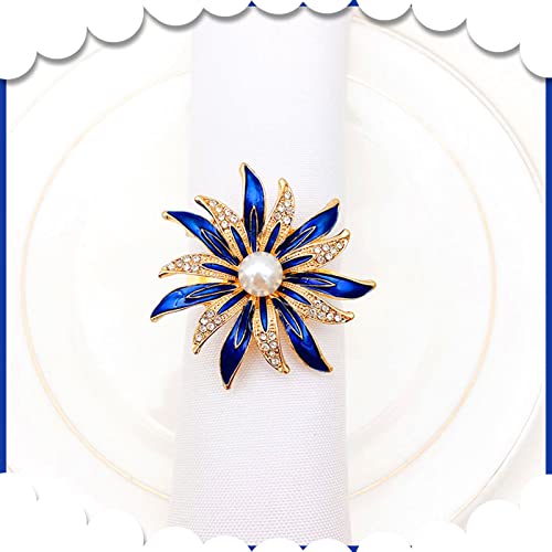 Blue Rhinestone Flower Napkin Rings Set of 6 for Wedding & Party Decor